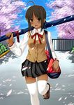  brown_eyes brown_hair dark_skin fate/stay_night saber sakura school_uniform shizuku_(artist) shoulder_bag thighhighs type-moon zettai_ryouiki 