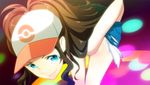  bare_shoulders baseball_cap blue_eyes brown_hair exposed_pocket hat long_hair looking_at_viewer nikon panty_&amp;_stocking_with_garterbelt panty_(psg) parody pokemon pokemon_(game) pokemon_bw ponytail shorts solo style_parody touko_(pokemon) undressing 