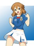  2011_fifa_women's_world_cup brown_eyes brown_hair clothes_writing fang fukuoka_katsumi japan navel original shirt short_hair skirt soccer_uniform solo sportswear tied_shirt touka_(fukuoka_katsumi) world_cup 