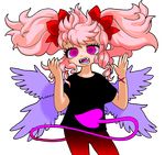  angel_wings fangs pink_hair pointy_tail purple_hair sharp_teeth shirt t-shirt tail teeth twin_tails wings yukaman 