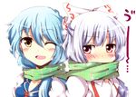  blue_dress blue_hair blush bow chata_maru_(irori_sabou) dress fujiwara_no_mokou hair_bow kamishirasawa_keine multiple_girls open_mouth red_eyes scarf shared_scarf shirt silver_hair suspenders touhou yellow_eyes 