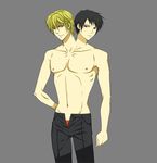  2boys black_hair blonde_hair brothers conjoined male multi_head muscle orange_eyes pants pecs red_eyes siamese_twins topless twins what 