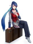  alternate_costume briefcase card cards choker judith pants pointy_ears ponytail red_eyes shirt smile tales_of_(series) tales_of_vesperia waistcoat 