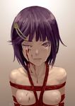  as109 bad_id bad_pixiv_id bdsm blood bondage bound breast_bondage breasts cum cum_in_eye hair_ornament hairclip injury looking_at_viewer nipples nude open_mouth original purple_eyes purple_hair red_rope rope shibari short_hair small_breasts solo tears 