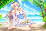  barefoot beach blonde_hair blue_eyes blush breasts cleavage crown day dress elbow_gloves flower gloves legs long_hair mahiro_takeumi medium_breasts original outdoors smile solo thighs water 