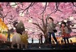  4boys bad_id bad_pixiv_id brown_eyes brown_hair casual cherry_blossoms dog festival highres holding_hands multiple_boys multiple_girls original sime_(echo) 