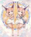  2girls apron black_hair blue_eyes bow bowtie caracal_(kemono_friends) caracal_ears caracal_tail commentary_request dress elbow_gloves eyebrows_visible_through_hair fangs gloves hat highres japari_symbol kemono_friends kemono_friends_festival kolshica light_brown_hair long_hair long_sleeves medicine multicolored_hair multiple_girls multiple_persona nurse nurse_cap open_mouth sandals short_sleeves sidelocks smile thighhighs zettai_ryouiki 