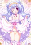  angel angel_wings blue_hair blush bow breasts cleavage dress dress_lift fang feathers flower frilled_dress frills hairband highres long_hair medium_breasts navel one_eye_closed open_mouth original panties purple_eyes short_sleeves smile solo thighhighs tsukishima_yuuko underwear white_dress white_legwear wings 