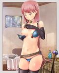  armor bad_id bad_pixiv_id bed bedroom belt bikini_armor black_gloves black_legwear blush breasts choker dressing earrings elbow_gloves gloves indoors jewelry long_hair loose_belt nipples original panties picture_(object) pink_hair purple_eyes shigureteki small_breasts solo staff thighhighs underwear 