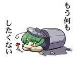  antennae apple apple_core bad_id bad_pixiv_id bug chibi food fruit green_eyes green_hair in_container lid lying nura_(oaaaaaa) on_stomach shadow simple_background solo touhou translated trash_can trashcan_lid wriggle_nightbug 