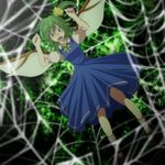  arms_up bad_id bad_pixiv_id blue_dress blush daiyousei dress green_eyes green_hair hair_ornament hair_ribbon hairpin highres open_mouth ribbon s-syogo side_ponytail silk solo spider_web stuck tears touhou wings 