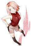  bare_shoulders blush green_eyes hands_on_hip haruno_sakura naruto pink_hair pixiv_thumbnail rikoko sleeveless smile solo standing 