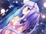  blue_bow blue_eyes date exterior fireflies jewel_hair_clips long_blue_hair night_time pink_dress prism_rhythm 