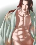  abs brown_hair chest dynasty_warriors gradient gradient_background long_hair male male_focus muscle nipples pecs shin_sangoku_musou solo zhao_yun 