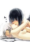  bad_id bad_pixiv_id black_hair breast_grab breasts closed_eyes couple face french_kiss grabbing halo hands highres ixi kiss medium_breasts multiple_girls nail_polish original saliva silver_hair yuri 