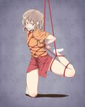  angry bdsm blush bondage bound brown_eyes brown_hair cleave_gag cloth_gag crotch_rope flower gag gagged hair_flower hair_ornament hanasaku_iroha highres improvised_gag japanese_clothes kissuisou_uniform matsumae_ohana nakai_(waitress) sakuraba_tsukasa saliva shibari shibari_over_clothes short_hair solo suspension 