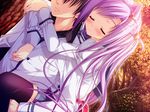  blush deep_thought exterior eyes_closed jewel_hair_clips long_purple_hair piggy_back prism_rhythm romantic school_uniform zettai_ryouiki 