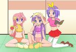  adult_baby bib blue_eyes empty_eyes glasses highres hiiragi_kagami hiiragi_tsukasa hypnosis lucky_star mind_control multiple_girls no_pants panties pink_hair purple_eyes purple_hair rattle takara_miyuki thumb_sucking topless underwear 