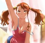  anjou_naruko ano_hi_mita_hana_no_namae_wo_bokutachi_wa_mada_shiranai. areola_slip areolae armpits breasts brown_hair camisole cleavage denim denim_shorts hair_ornament hairclip makisige medium_breasts orange_eyes popped_button reaching shorts solo strap_slip twintails 