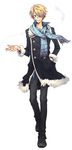  absurdres black_eyes blonde_hair cigarette coat full_body grin hair_over_one_eye hand_in_pocket highres male_focus one_piece pants sanji scarf shoes smile solo yukinell 