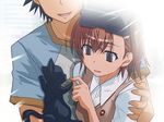  brown_hair cat cg_game grey_eyes kamijou_touma misaka_imouto open_mouth school_uniform smile to_aru_kagaku_no_railgun to_aru_majutsu_no_index 