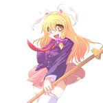  animal_ears blazer blonde_hair braid broom bunny_ears cosplay jacket kirisame_marisa kusaka_eiki necktie pleated_skirt reisen_udongein_inaba reisen_udongein_inaba_(cosplay) skirt solo thighhighs touhou white_legwear yellow_eyes 