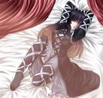  arms_up bed bed_sheet black_legwear brown_hair canopy_bed curtains dress feet gradient_hair hijiri_byakuren kusumo_(kungsu2) leg_ribbon long_hair lying multicolored_hair on_back purple_hair ribbon solo thighhighs touhou yellow_eyes 