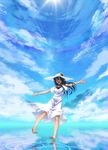  barefoot blue_eyes blue_hair bra cloud day din_(flypaper) dress feet flower hat lens_flare lingerie long_hair open_mouth original outstretched_arms reflection ripples salt_flats sky smile solo spread_arms standing standing_on_liquid sun sun_hat sundress underwear water white_dress 