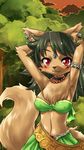  belt blush bush canine chest_tuft clothed clothing collar female fox fur green_hair greone hair jewelry looking_at_viewer mammal midriff necklace nme_greone raised_arm red_eyes scenery skimpy skirt solo tree tuft wood 