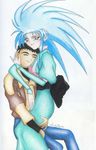  1girl artist_request black_hair blue_hair couple hetero highres masaki_tenchi ryouko_(tenchi_muyou!) spiked_hair tenchi_muyou! yellow_eyes 