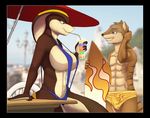  beach beverage bikini chair clothed clothing drink female male mongoose nervous outside reptile scalie seaside shandi skimpy sling_bikini smirk snake spotty_the_cheetah surf_board surfboard swimsuit tall_female tight_clothing 