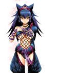  artist_request blue_hair blush breasts fishnets hairband large_breasts monster_hunter nargacuga_(armor) solo underboob yellow_eyes 