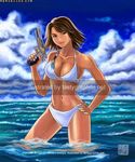  aerisdies bikini derlaine final_fantasy final_fantasy_x final_fantasy_x-2 gun hand_on_hip lowres solo swimsuit water weapon yuna_(ff10) 