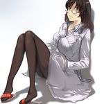  bad_id bad_pixiv_id black_eyes black_hair black_legwear copyright_request digital_media_player feet glasses hands_in_pockets headphones leaning light_smile nimirom pantyhose sandals shadow sitting solo 