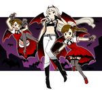  :d bat bat_wings boots brown_eyes brown_hair dress fang fingerless_gloves futami_ami futami_mami garter_straps gloves hairband hanatsuka idolmaster idolmaster_(classic) idolmaster_2 knee_boots long_hair midriff multiple_girls my_dear_vampire navel open_mouth red_eyes shijou_takane shoes short_hair siblings side_ponytail silver_hair sisters smile thighhighs twins vampire wings 