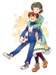  1girl bad_id bad_pixiv_id ball brown_hair cardigan closed_eyes dress gakuran green_hair honey-hopi hug hug_from_behind inazuma_eleven_(series) inazuma_eleven_go kino_aki matsukaze_tenma open_mouth pantyhose raimon raimon_school_uniform school_uniform short_hair soccer_ball telstar white_background 