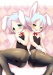  absurdres animal_ears aqua_eyes ass bad_id bad_pixiv_id bare_shoulders black_legwear blue_eyes blush bunny_boy bunny_ears bunnysuit crossdressing fubuki_atsuya fubuki_shirou highres inazuma_eleven inazuma_eleven_(series) multiple_boys open_mouth otoko_no_ko pantyhose sakura_puchirou short_hair siblings silver_hair twins wrist_cuffs yellow_eyes 