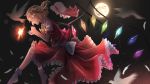  1girl bird blonde_hair dove dress eyes_closed feathers fetal_position flandre_scarlet frilled_dress frills full_moon highres moon pasoputi ribbon sky star_(sky) starry_sky the_embodiment_of_scarlet_devil touhou yellow_ribbon 