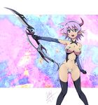  armor bikini_armor blade crotch_plate elbow_gloves elf gloves highres horn mcq original pasties pointy_ears purple_hair revealing_clothes short_hair solo strapless_bottom thighhighs 