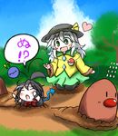  2girls :o ahoge asymmetrical_wings black_hair blush bow chibi closed_eyes crossover dress dugtrio eyeball gen_1_pokemon green_eyes happy hat heart houjuu_nue kneeling komeiji_koishi multiple_girls open_mouth pantyhose poke_ball pokemon pokemon_(creature) rindou_(p41neko) short_hair silver_hair skirt sweatdrop third_eye throwing touhou tree wings wristband 