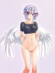  arms_behind_back bare_legs blue_eyes blush bottomless breasts covered_nipples ginrei_kishi_dehitera hikabe_sakuho impossible_clothes impossible_shirt low_wings medium_breasts navel pointy_ears purple_hair pussy shinrabanshou shirt solo wings 
