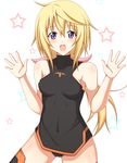  :d bare_shoulders black_legwear blonde_hair blush breasts charlotte_dunois covered_navel hair_between_eyes hair_ribbon halterneck hands happy infinite_stratos jewelry leotard long_hair looking_at_viewer low_ponytail minatsuki_nao necklace open_mouth pendant pilot_suit purple_eyes ribbon sideboob simple_background small_breasts smile solo star starry_background thighhighs turtleneck very_long_hair white_background 