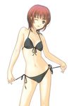  bikini black_bikini brown_eyes cowboy_shot dasoku_sentarou front-tie_top halter_top halterneck navel one_eye_closed original red_hair short_hair side-tie_bikini simple_background solo strap_pull swimsuit tongue tongue_out white_background 