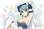  bare_shoulders blue_eyes blue_hair blush breasts cape elbow_gloves gloves grin large_breasts mahou_shoujo_madoka_magica miki_sayaka nipple_slip nipples short_hair smile solo sword thighhighs unagimaru undersized_clothes weapon 