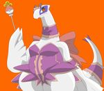  anthro blush bow collar dress female funi headdress legendary_pok&#233;mon lugia nintendo orange_background plain_background pok&#233;ball pok&#233;mon pok&eacute;ball pok&eacute;mon red_eyes solo standing video_games wand white white_body 