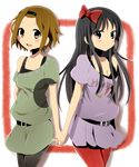  akiyama_mio amida black_hair brown_eyes brown_hair casual hairband highres holding_hands k-on! listen!! multiple_girls pantyhose red_legwear short_hair tainaka_ritsu transparent_background 