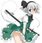  bad_id bad_pixiv_id black_hairband blue_eyes blush embarrassed ghost green_eyes hairband hitodama katana konpaku_youmu konpaku_youmu_(ghost) no_panties open_mouth peko scabbard sheath sheathed short_hair silver_hair simple_background skirt skirt_tug solo sword tears touhou vest weapon 