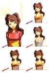  bikini blush breasts brown_eyes brown_hair cleavage concept_art gradient gradient_background kujikawa_rise lips megaten mizugi official_art parted_lips persona persona_4 shadow_(persona) soejima_shigenori swimsuit towel translation_request yukata 