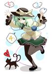  :3 arms_up bad_id bad_pixiv_id black_legwear blush cat chagen_kokimu eyeball green_eyes green_hair grin hat heart heart_of_string kaenbyou_rin kaenbyou_rin_(cat) komeiji_koishi leg_up multiple_tails pantyhose short_hair skirt smile solo tail third_eye touhou 