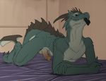  balls bed black_eyes claws condom condom_in_mouth dragon erection glans horn inviting male nude penis purple_sheets scalie simple_background slash0x solo spiked_tail spikes suggestive 